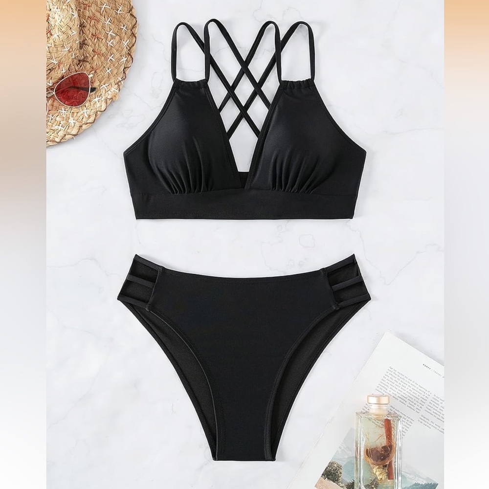NWOT Tainehs Women's Push Up V Neck Bikini Sets Criss Cross Back Two Piece